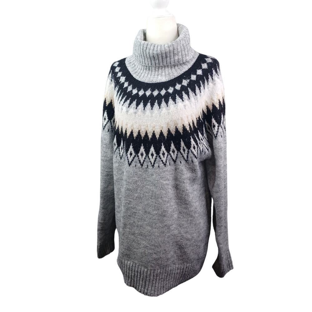 ASPEN Womens Nordic Fair Isle Sweater Size XL Gray Wool Blend Turtleneck Chunky